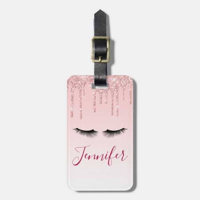 Modern Pink Glitter Drips & Black Eyelashes Luggage Tag (Front Vertical)