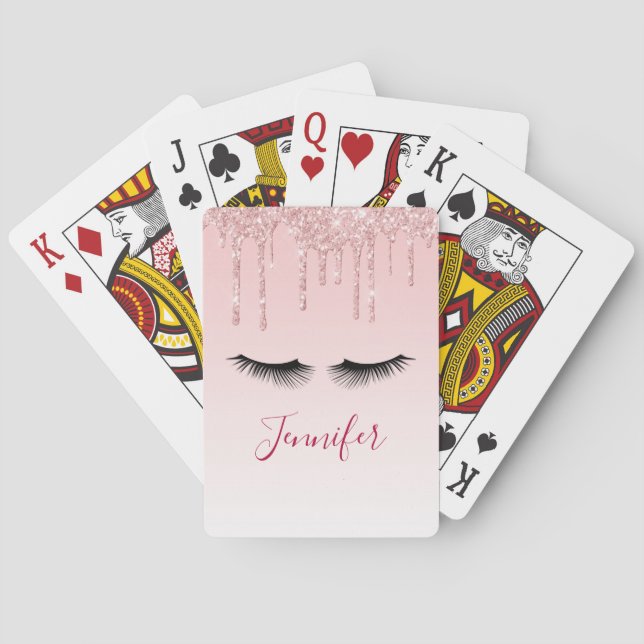Modern Pink Glitter Drips & Black Eyelashes Playing Cards (Back)