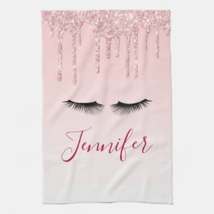 Modern Pink Glitter Drips & Black Eyelashes Tea Towel