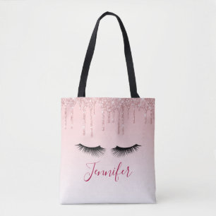 Modern Pink Glitter Drips & Black Eyelashes Tote Bag