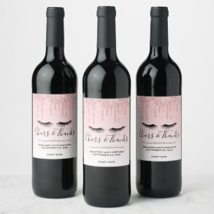 Modern Pink Glitter Drips & Black Eyelashes Wine Label