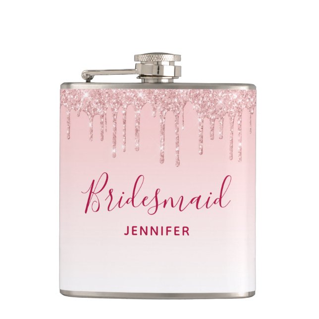 Modern Pink Glitter Drips Bridesmaid Hip Flask (Front)