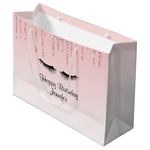 Modern Pink Glitter Drips & Eyelashes Birthday Large Gift Bag