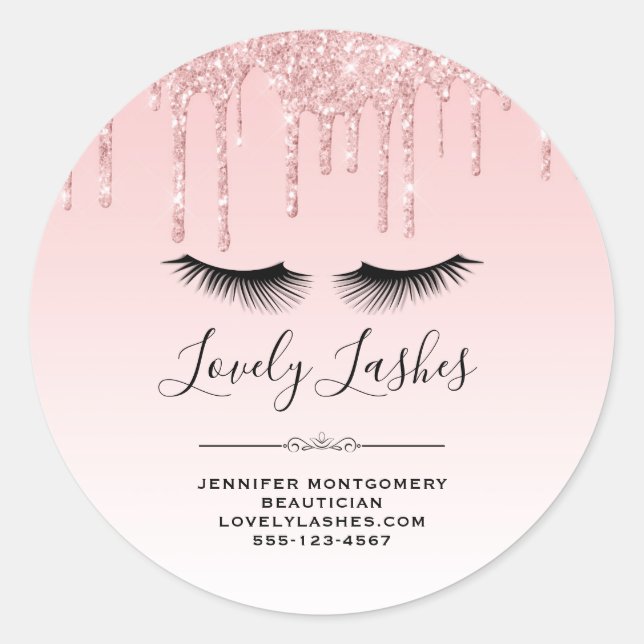 Modern Pink Glitter Drips & Eyelashes Business Classic Round Sticker (Front)
