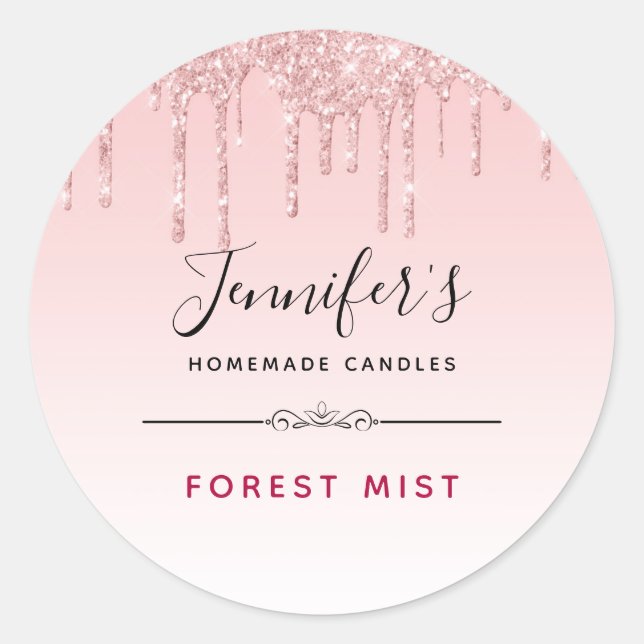 Modern Pink Glitter Drips Fancy Candle / Soap Classic Round Sticker (Front)