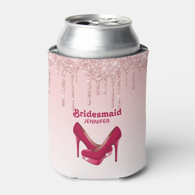 Modern Pink Glitter Drips & High Heels Bridesmaid Can Cooler (Can Front)
