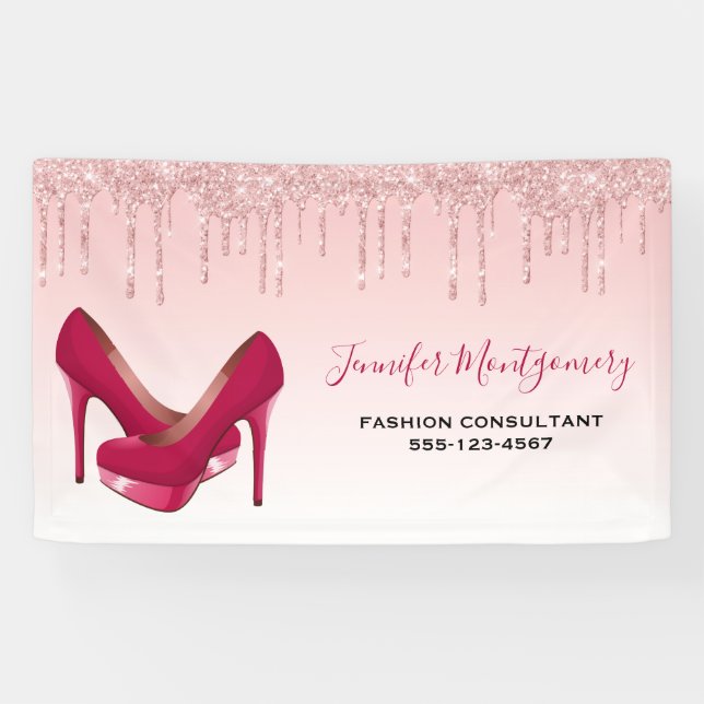 Modern Pink Glitter Drips & High Heels Business Banner (Horizontal)