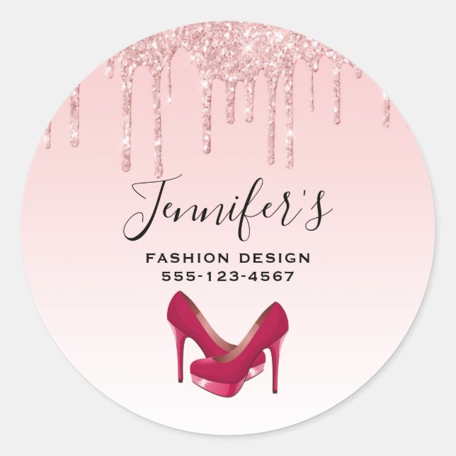Modern Pink Glitter Drips & High Heels Business Classic Round Sticker (Front)