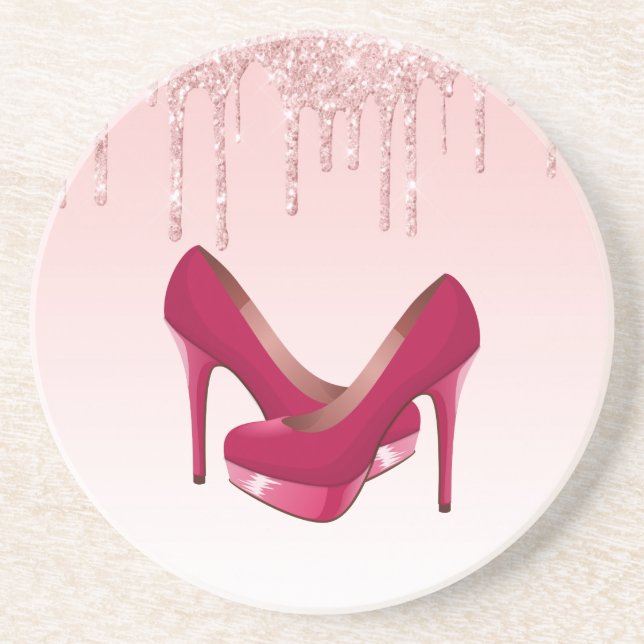Modern Pink Glitter Drips & High Heels Coaster (Front)