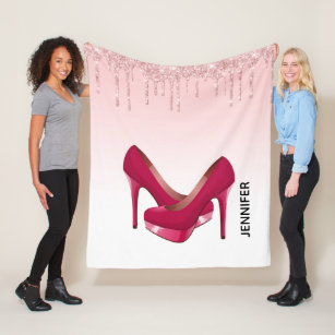 Modern Pink Glitter Drips & High Heels Fleece Blanket