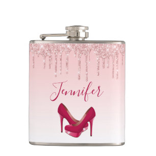 Modern Pink Glitter Drips & High Heels Hip Flask