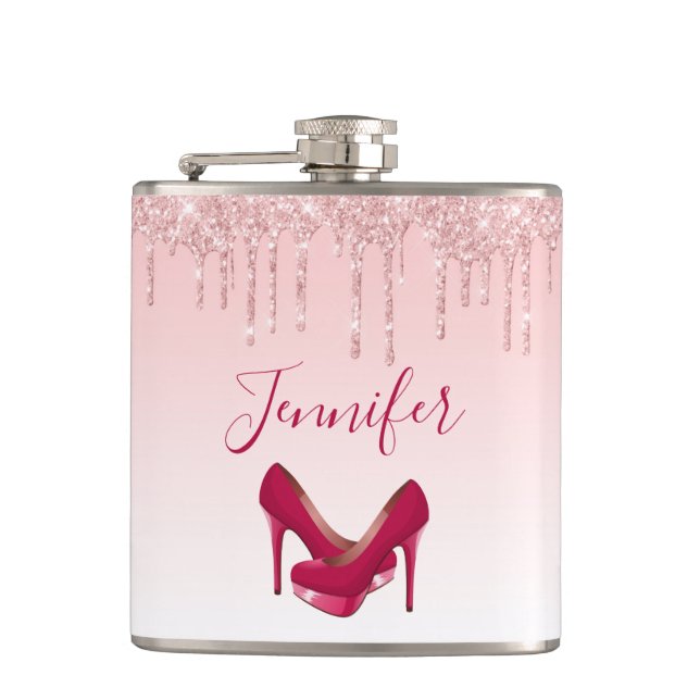 Modern Pink Glitter Drips & High Heels Hip Flask (Front)