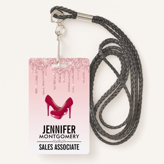 Modern Pink Glitter Drips & High Heels ID Badge (Front with Lanyard)