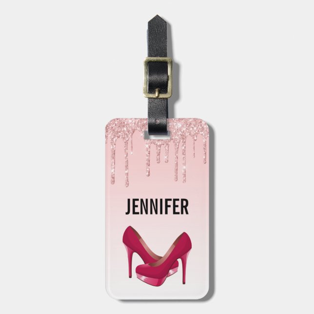 Modern Pink Glitter Drips & High Heels Luggage Tag (Front Vertical)