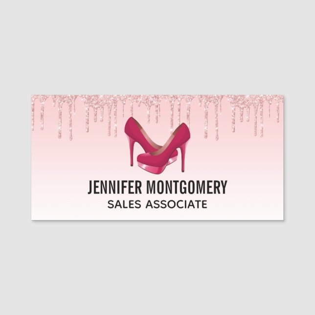 Modern Pink Glitter Drips & High Heels Name Tag (Front)