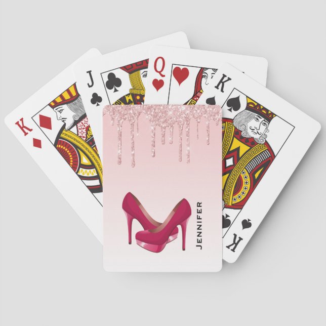 Modern Pink Glitter Drips & High Heels Playing Cards (Back)