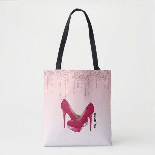 Modern Pink Glitter Drips & High Heels Tote Bag