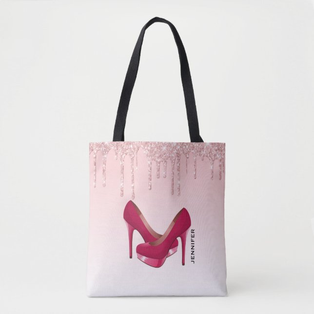 Modern Pink Glitter Drips & High Heels Tote Bag (Front)
