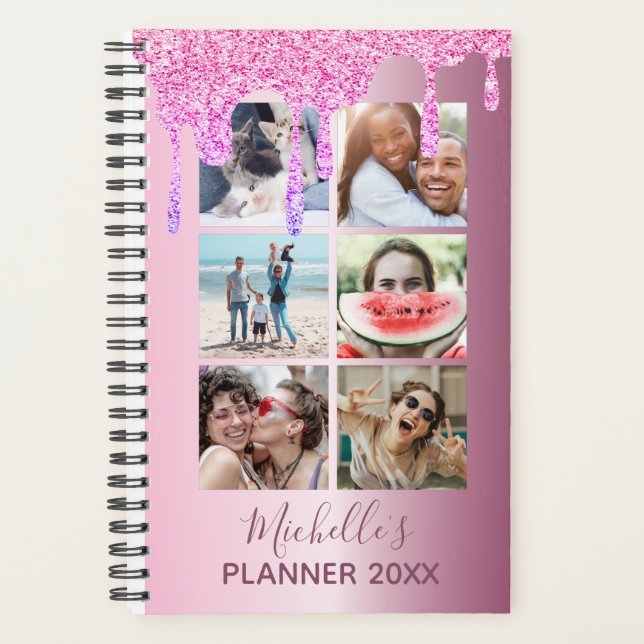 Modern Pink Glitter Drips Photo Collage Daily  Planner (Front)