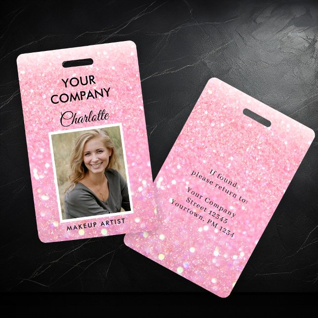 Modern Pink Glitter Employee Photo ID Badge (Creator Uploaded)