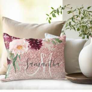 Modern Pink Glitter & Flower Sparkle With Name  Decorative Cushion