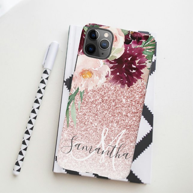 Modern Pink Glitter & Flower Sparkle With Name  iPhone Case (Creator Uploaded)