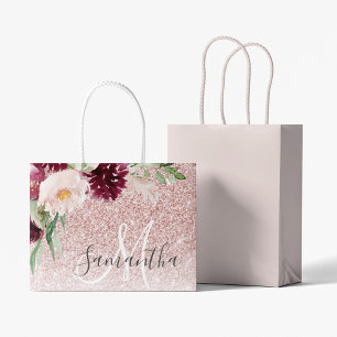 Modern Pink Glitter & Flower Sparkle With Name Large Gift Bag