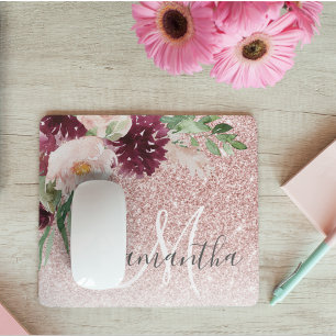 Modern Pink Glitter & Flower Sparkle With Name Mouse Mat