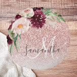 Modern Pink Glitter & Flower Sparkle With Name  Round Cushion<br><div class="desc">Modern Pink Glitter & Flower Sparkle With Name</div>