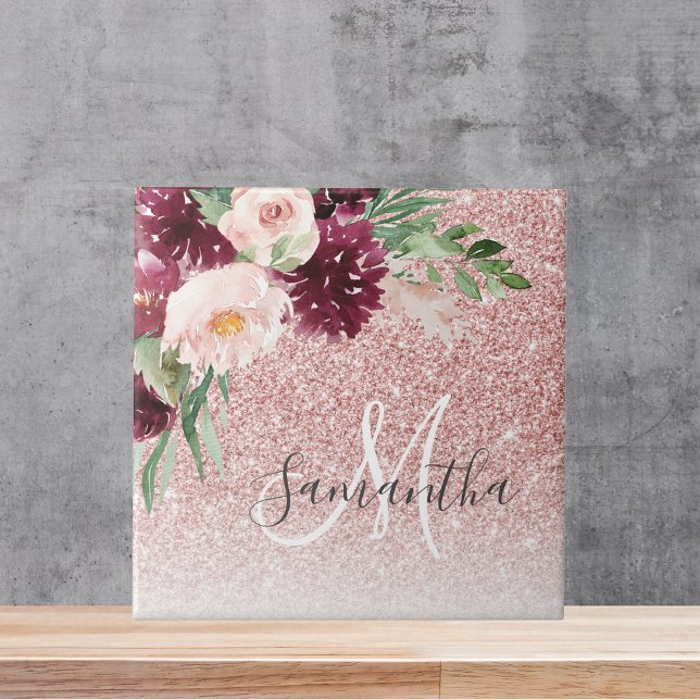 Modern Pink Glitter & Flower Sparkle With Name  Tile (Creator Uploaded)