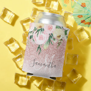 Modern Pink Glitter & Flowers Sparkle With Name Can Cooler