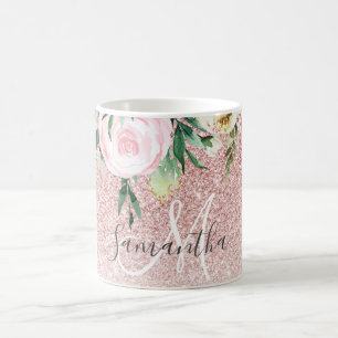 Modern Pink Glitter & Flowers Sparkle With Name Coffee Mug
