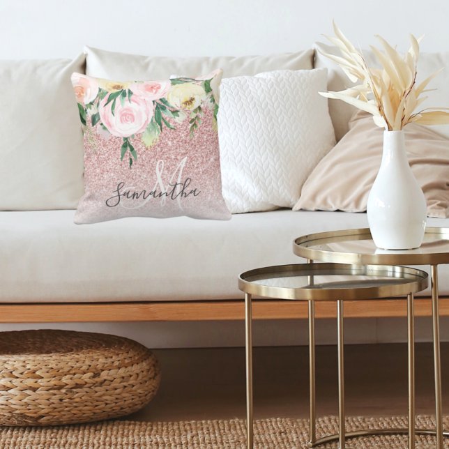 Modern Pink Glitter & Flowers Sparkle With Name Cushion (Creator Uploaded)