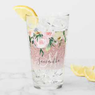 Modern Pink Glitter & Flowers Sparkle With Name Glass
