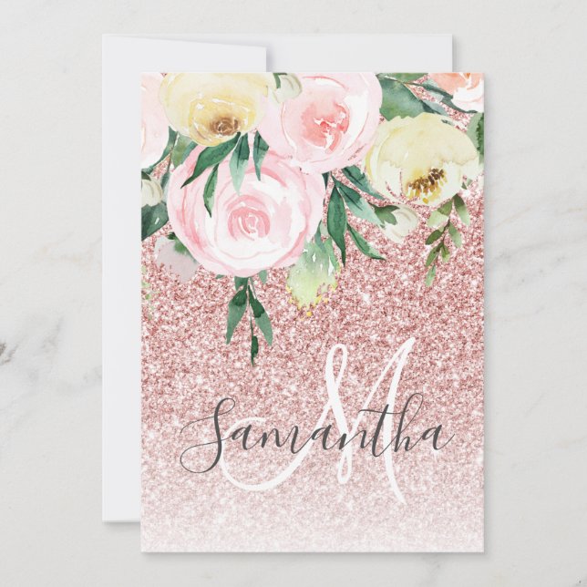 Modern Pink Glitter & Flowers Sparkle With Name Holiday Card (Front)
