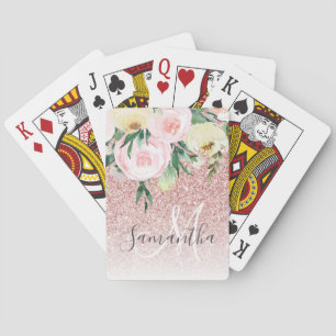 Modern Pink Glitter & Flowers Sparkle With Name Playing Cards