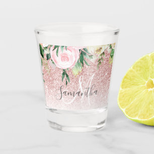 Modern Pink Glitter & Flowers Sparkle With Name Shot Glass