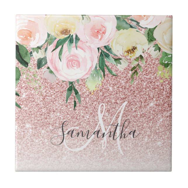 Modern Pink Glitter & Flowers Sparkle With Name Tile (Front)