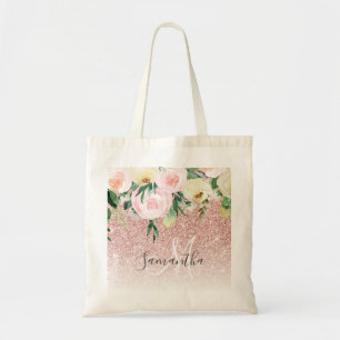 Modern Pink Glitter & Flowers Sparkle With Name Tote Bag
