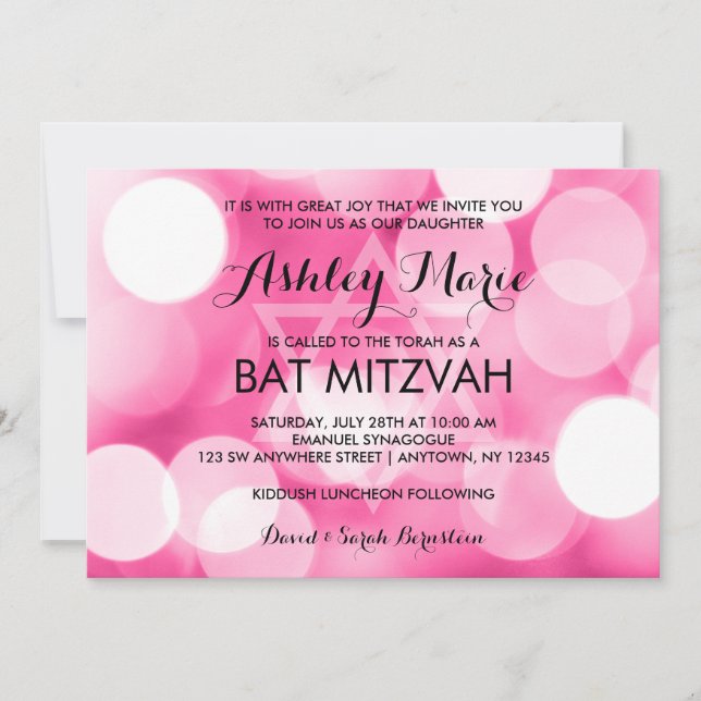 Modern Pink Glitter Lights Bat Mitzvah Invitation (Front)