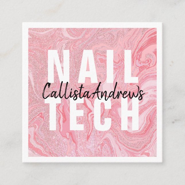 Modern Pink Glitter Liquid Marble Nail Tech Square Business Card (Front)