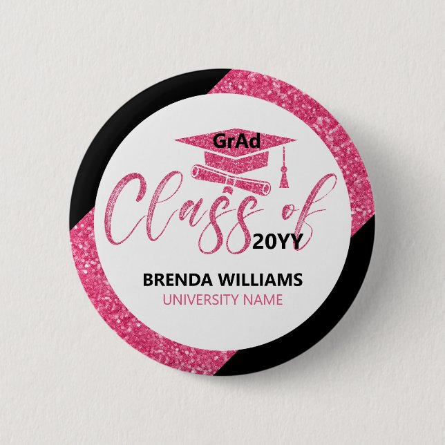 Modern Pink Glitter Modern Text Class Of 2023 6 Cm Round Badge (Front)