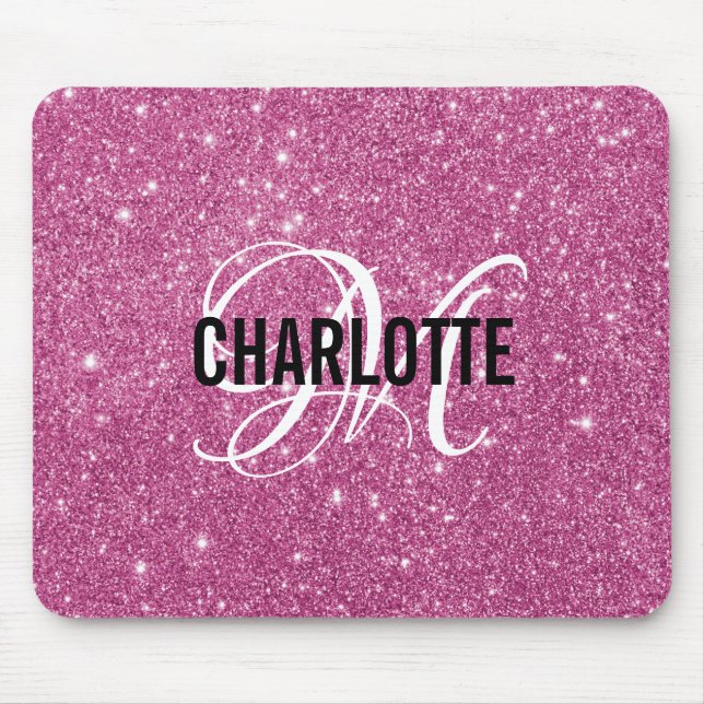 Modern pink glitter monogram name mouse pad (Front)