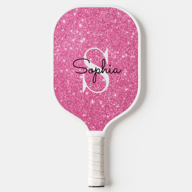 Modern Pink Glitter Monogram Personalised Name Pickleball Paddle (Front)