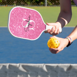 Modern Pink Glitter Monogram Personalised Name Pickleball Paddle