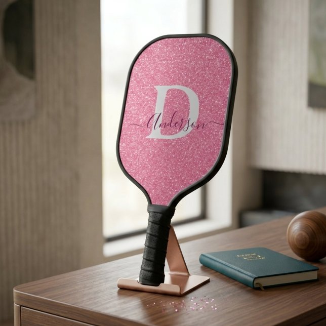 Modern Pink Glitter Monogram Personalised Name Pickleball Paddle (Creator Uploaded)