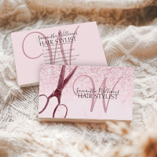 Modern Pink Glitter Monogram Scissor Hair Stylist Business Card