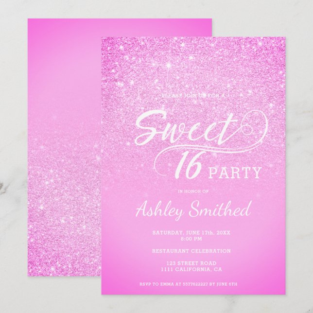 Modern pink glitter ombre glam Sweet 16 Invitation (Front/Back)