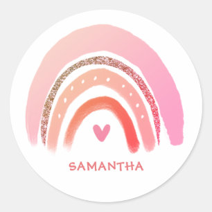 Modern Pink Glitter Personalised Rainbow  Classic Round Sticker