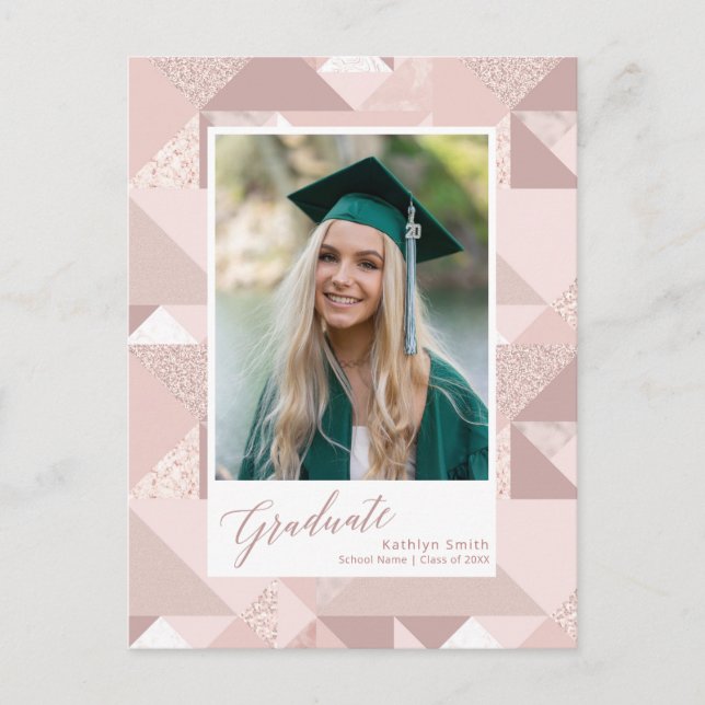 Modern Pink Glitter Photo Graduation Announcement Postcard (Front)